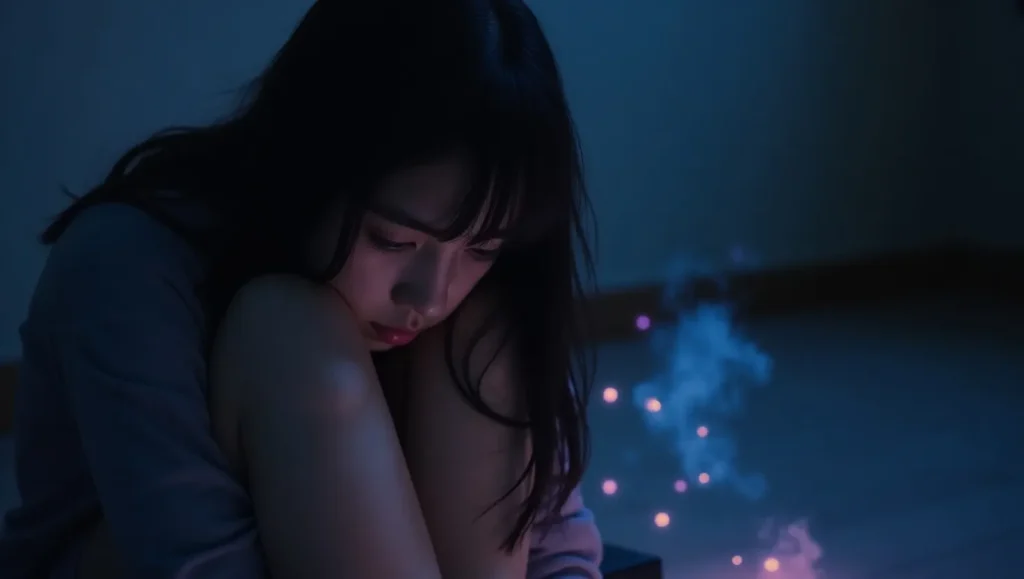 یک خانوم ناراحت که دوتا زانو شو بغل کرده