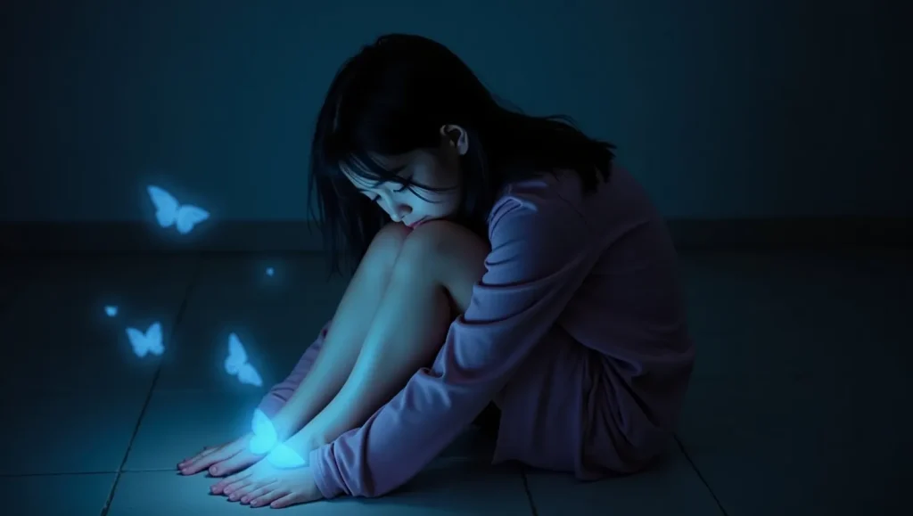 یک خانوم افسرده نشسته روی زمین و پروانه های آبی دورش میچرخه