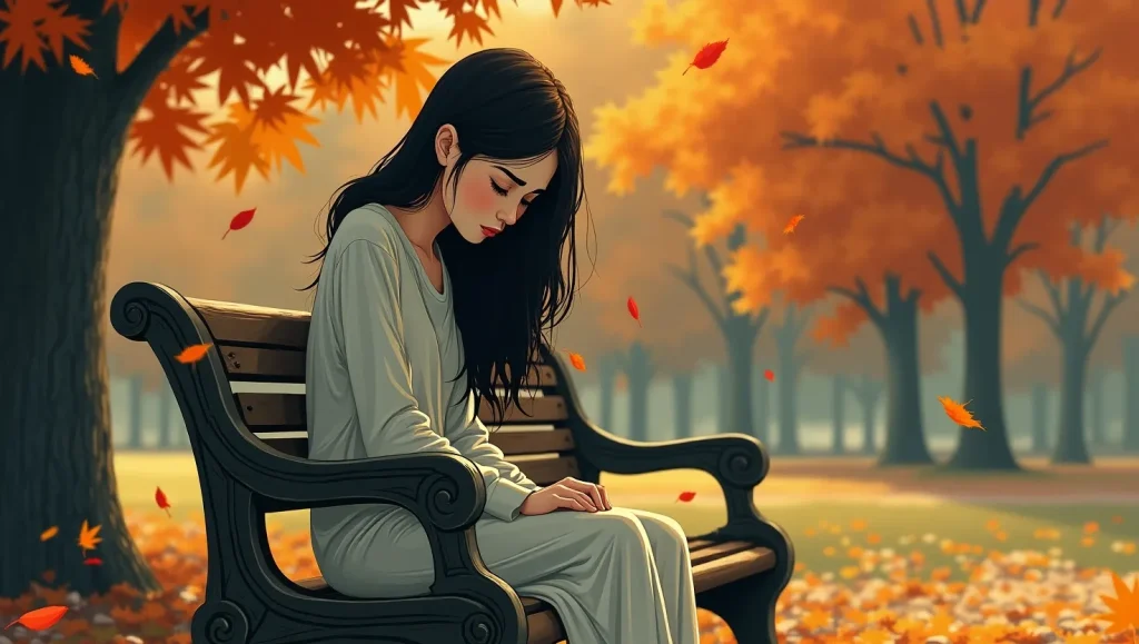 یک خانوم ناراحت توی پاییز نشسه رو نیمکت