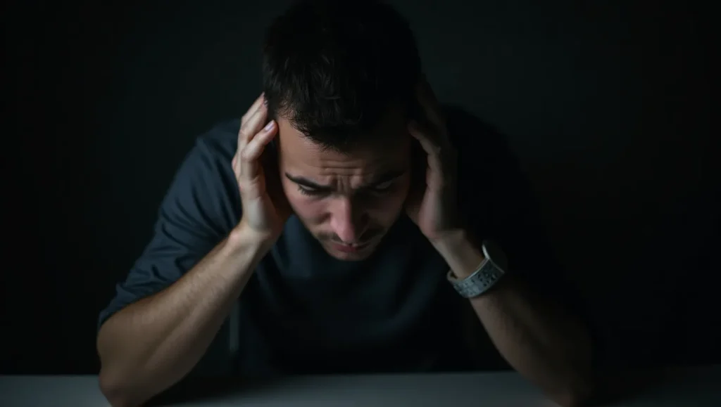 یک آقا در تاریکی دو دست خود را به گوشش گذاشته