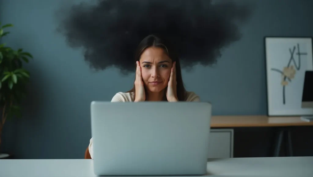 یک خانوم سر کار با ابر سیاه بالا سرش