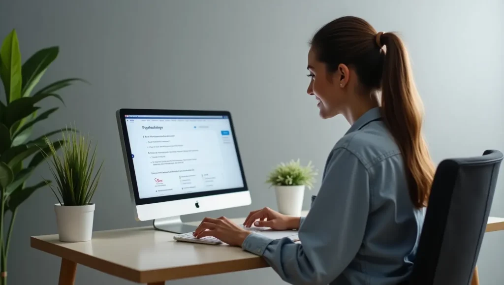 یک خانوم با آی مک درحال انجام تست های روانشناسی به صورت آنلاین