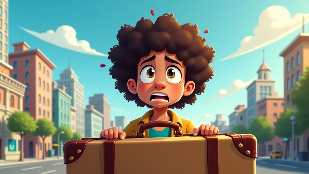 یک پسر مو فر با یک کیف و در حالت استرس