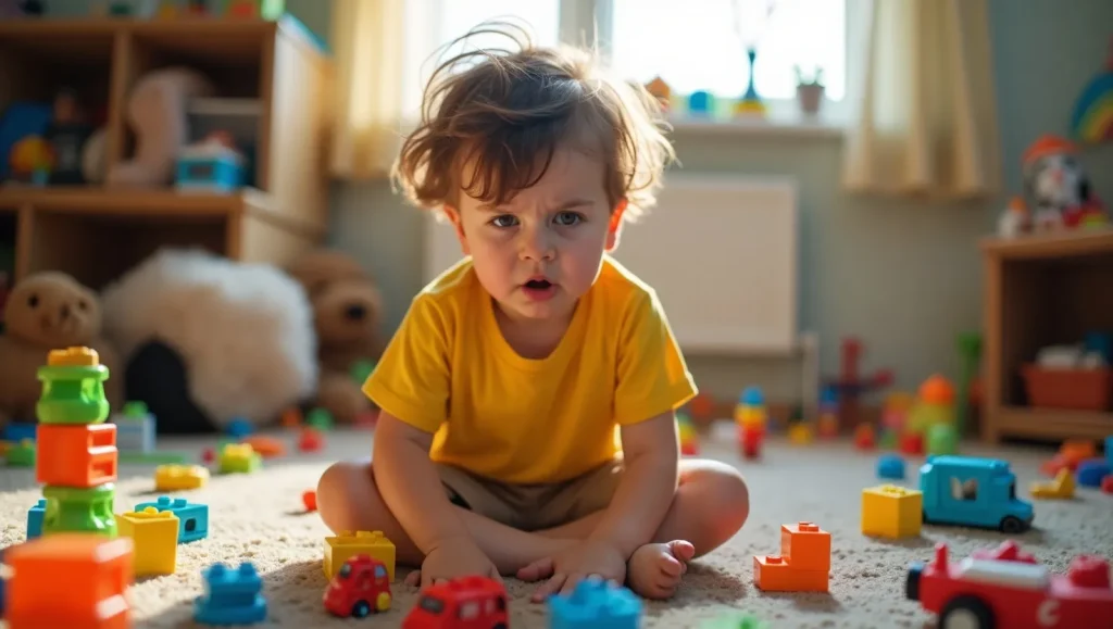 یه بچه نشسته کف اتاق با اسباب بازی هاش