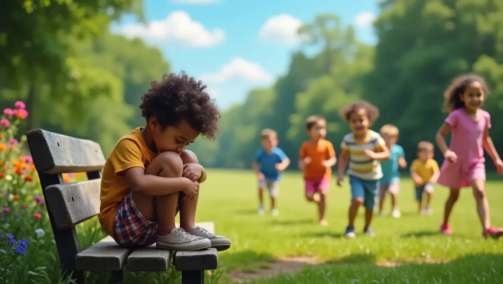 یه بچه سیاه پوست نشسته روی نیمکت