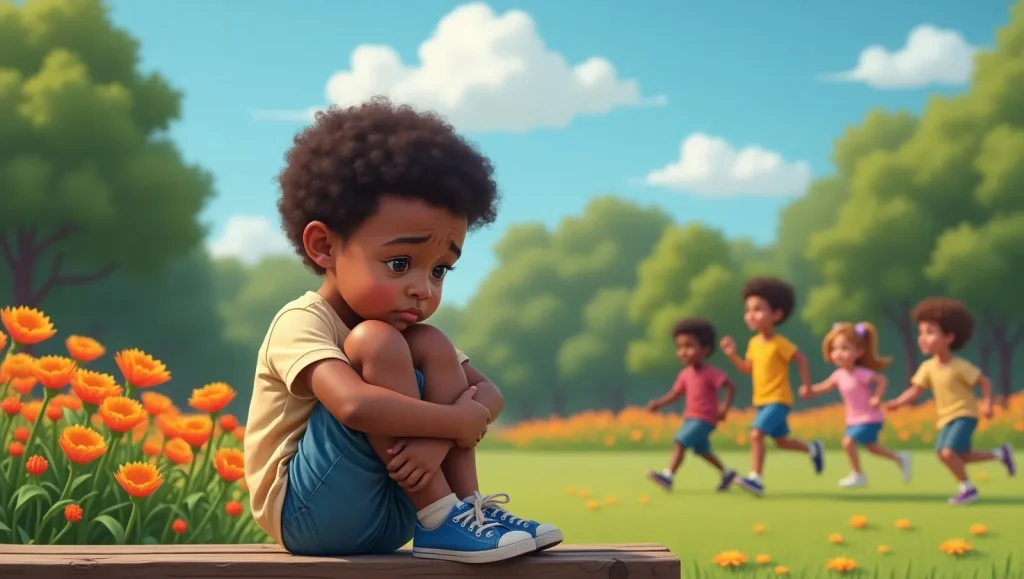 یه بچه نشسته و زانو هاشو بغل کرده