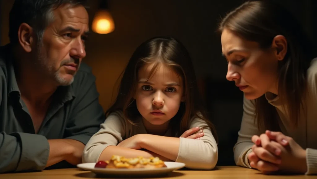 یه بچه با پدر مادرش سر میز شام