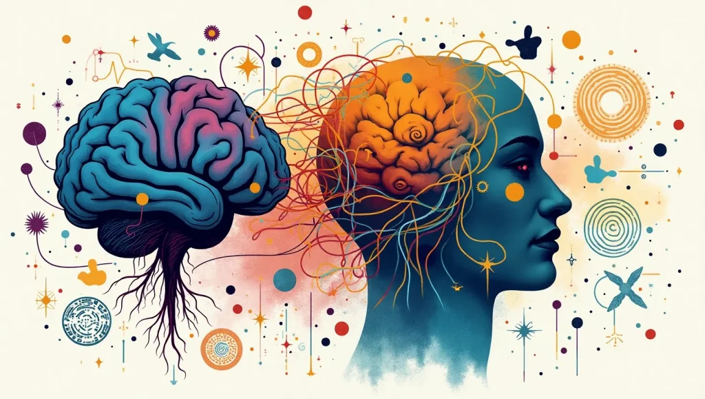 یک مغز و صورت انسان با رنگ های مختلف