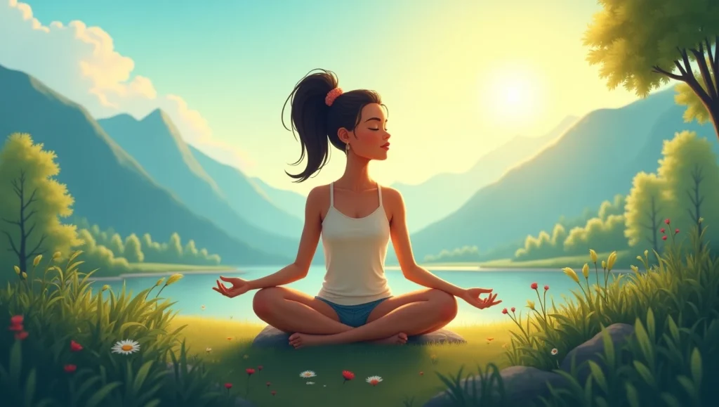 یه خانوم در حال مدیتیشن در طبیعت