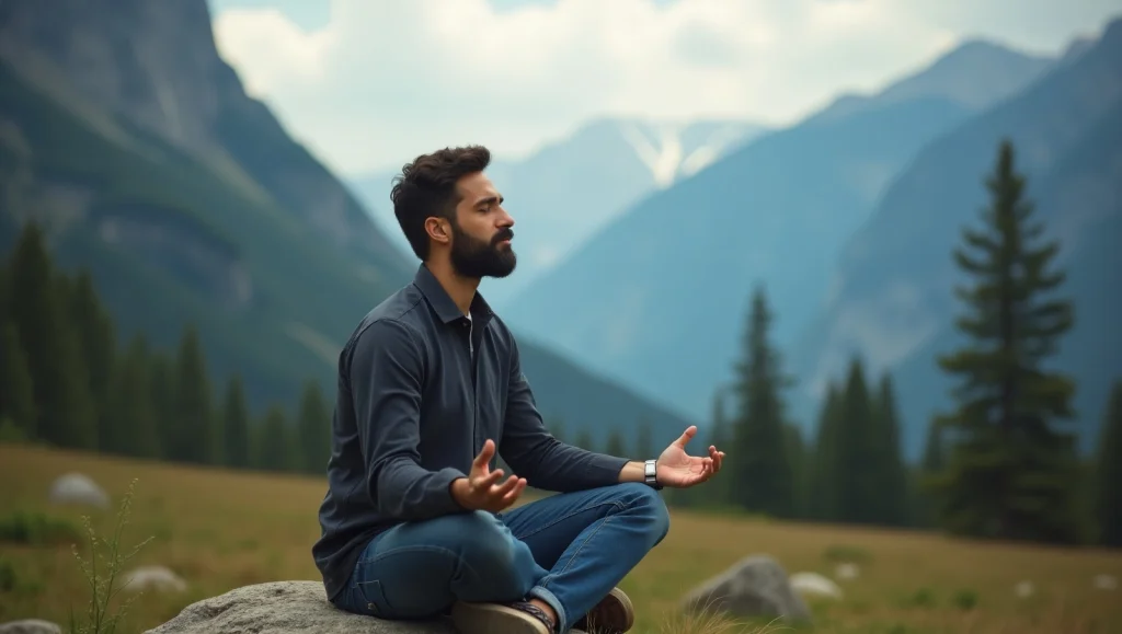 یک آقا در کوهستان در حال مدیتیشن