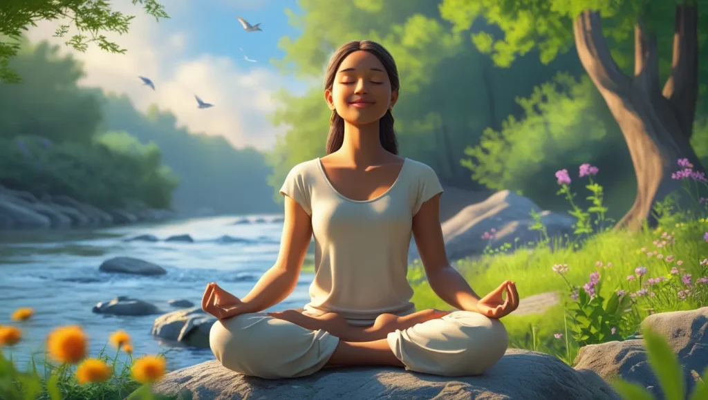 یک خانوم در حال مدیتشین در طبیعت