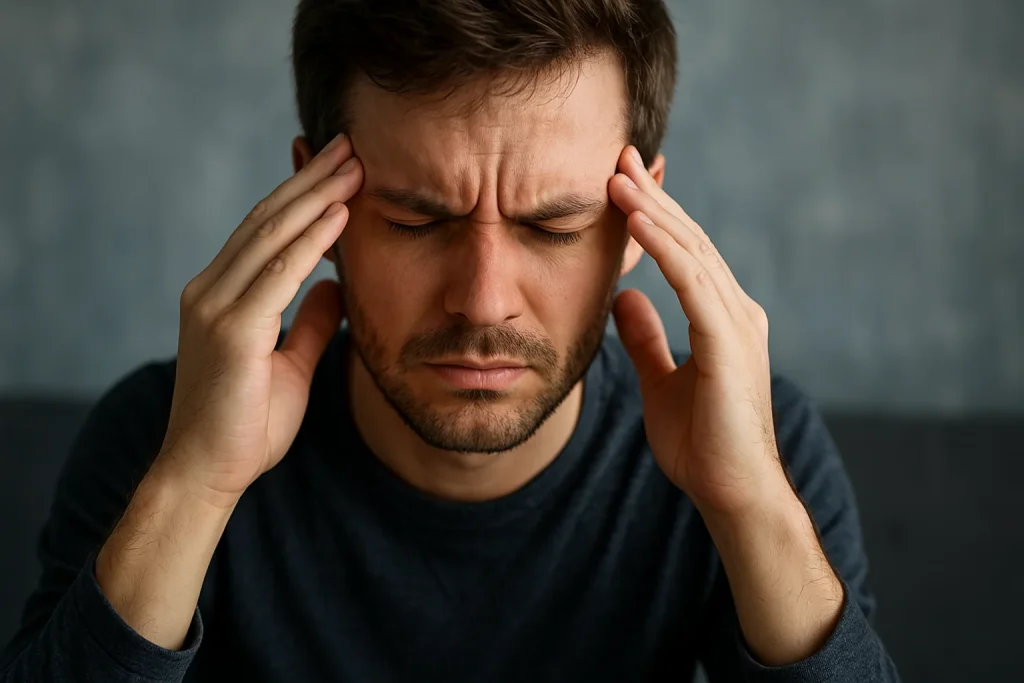 یک آقا که سر درد داره و سر شو گرفته