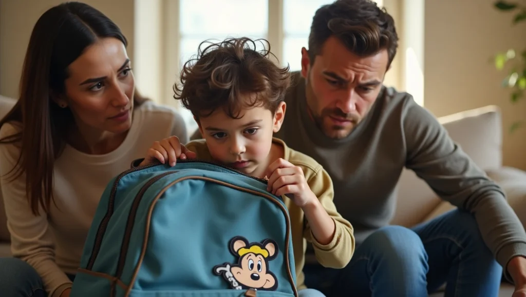  یک خانواده ونشسته دور هم و یک کیف  آبی در دست بچه کوچک