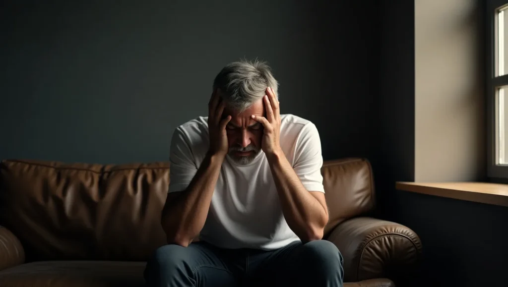 یک آقا پیر با لباس سفید نشسته و سرش گرفته