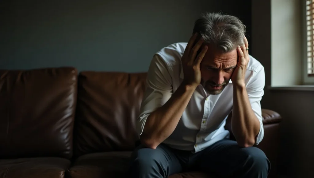 یک آقا روی مبل چرم نشسته و سرشو گرفته