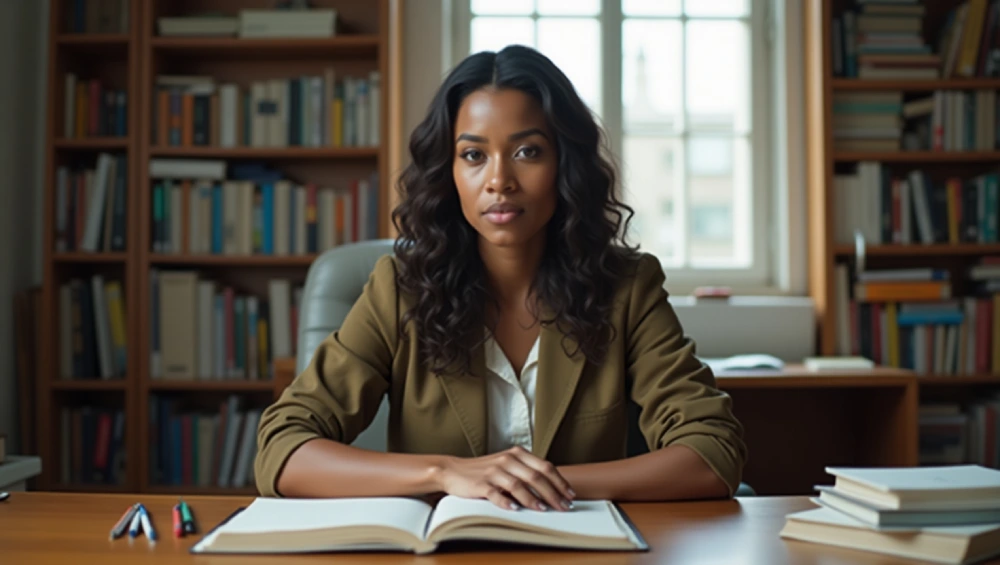 یک خانوم سیاه پوست نشسته پشت میز کارش