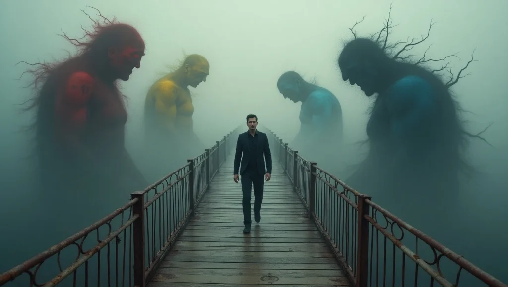 یک آقا وسط پول چوبی کنارش چهار تا آدم گنده