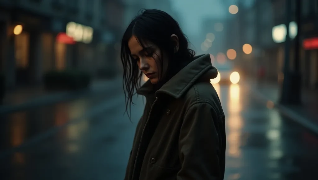 یک خانوم با پالتو مشکی زیر بارون