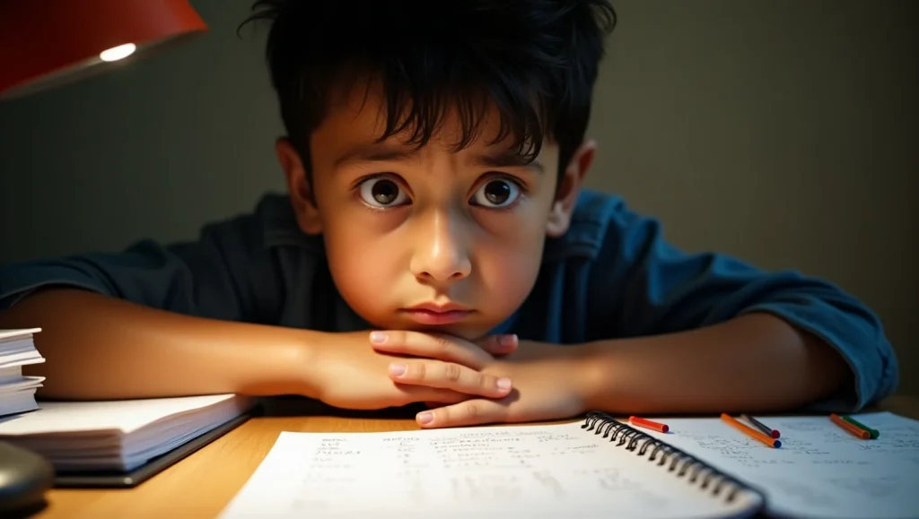 یک بچه سر شو گذاشته روی میز 