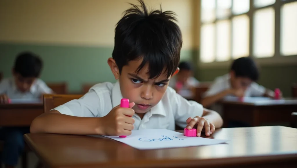 یک پسر بچه با اخم سر کلاس داره مینویسه