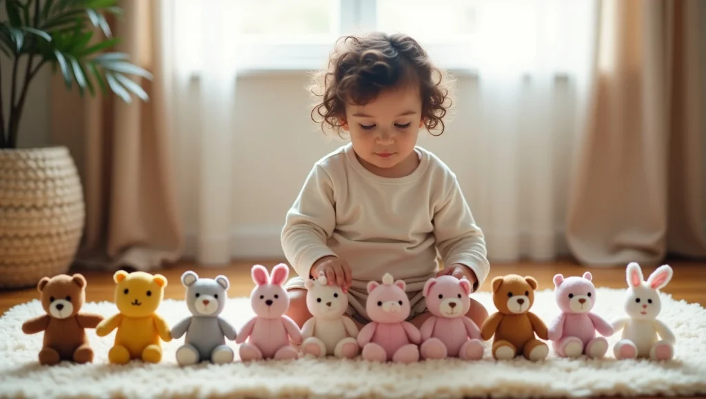 یک دختر بچه نشسته روی زمین و عروسک هاش روی زمین جلوش