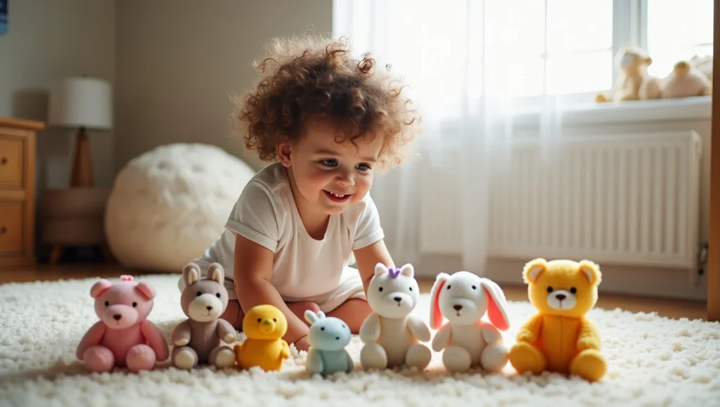 یک دختر بچه مو فر داره با عروسک هاش بازی میکنه