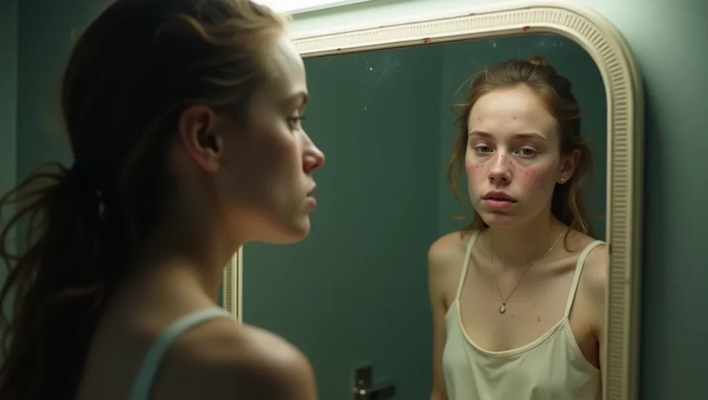 یه خانوم رو به روی آینه وایستاده 