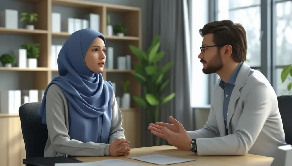 تصویر یک خانوم که درگیر اختلال شخصیت مرزی است و درحال صحبت با یک روانشناس آقا است